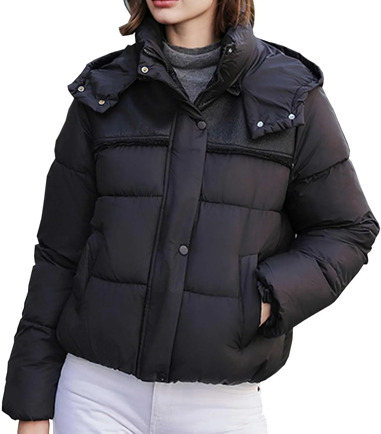 Women Padded down Jacket Cropped Quilted Puffer Jacket Winter Ladies Short Padded Coat Stand Collar Zip Hoodie Jacket
