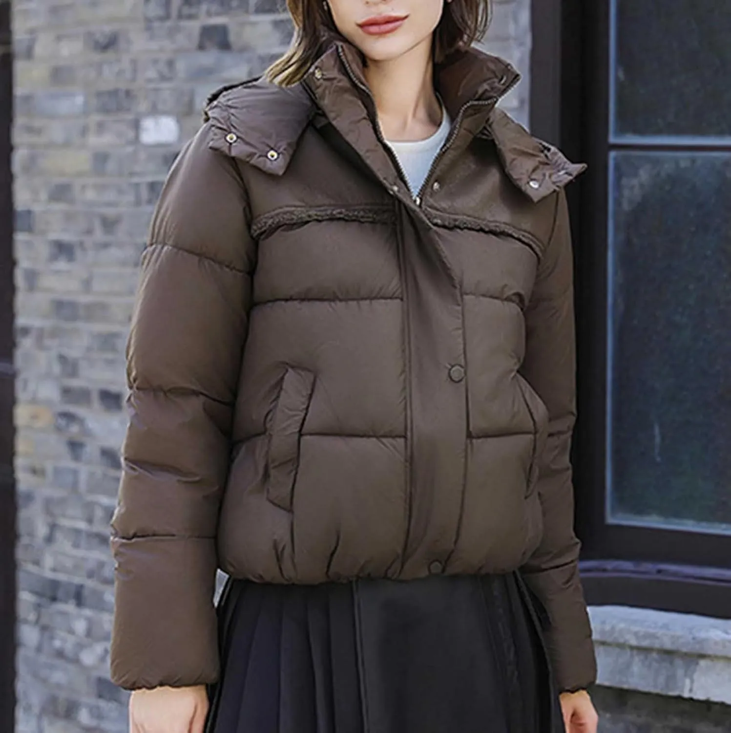 Women Padded down Jacket Cropped Quilted Puffer Jacket Winter Ladies Short Padded Coat Stand Collar Zip Hoodie Jacket