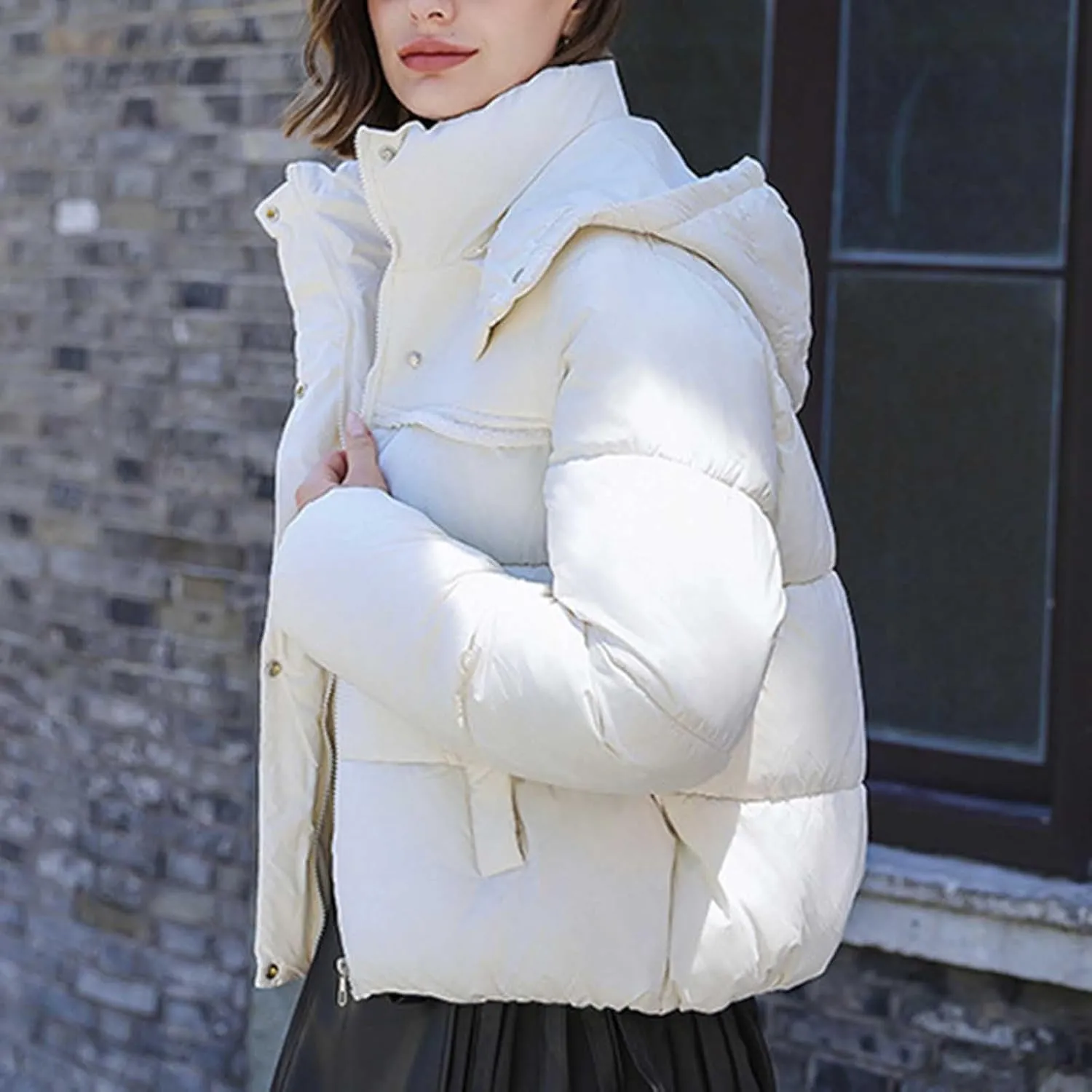 Women Padded down Jacket Cropped Quilted Puffer Jacket Winter Ladies Short Padded Coat Stand Collar Zip Hoodie Jacket