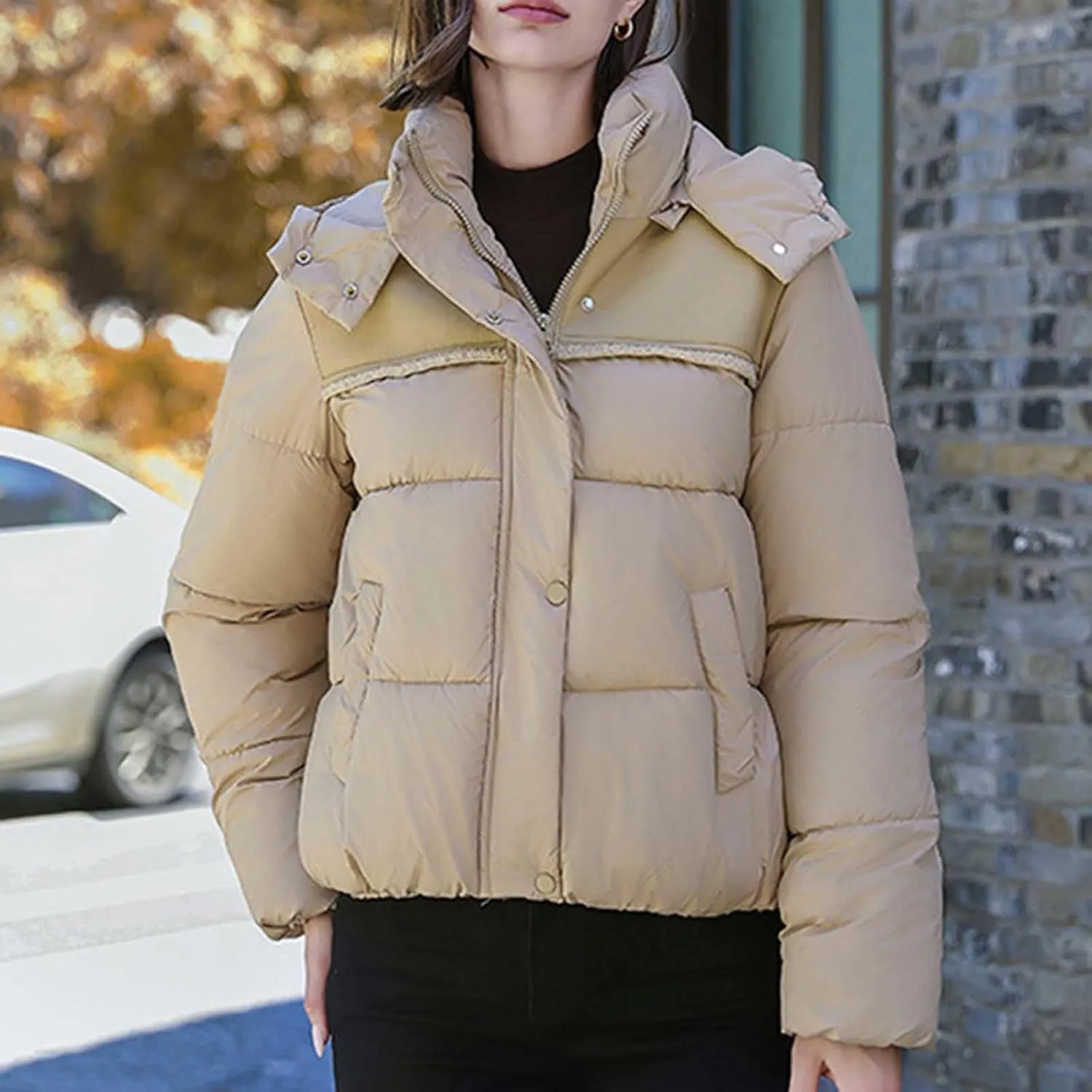 Women Padded down Jacket Cropped Quilted Puffer Jacket Winter Ladies Short Padded Coat Stand Collar Zip Hoodie Jacket