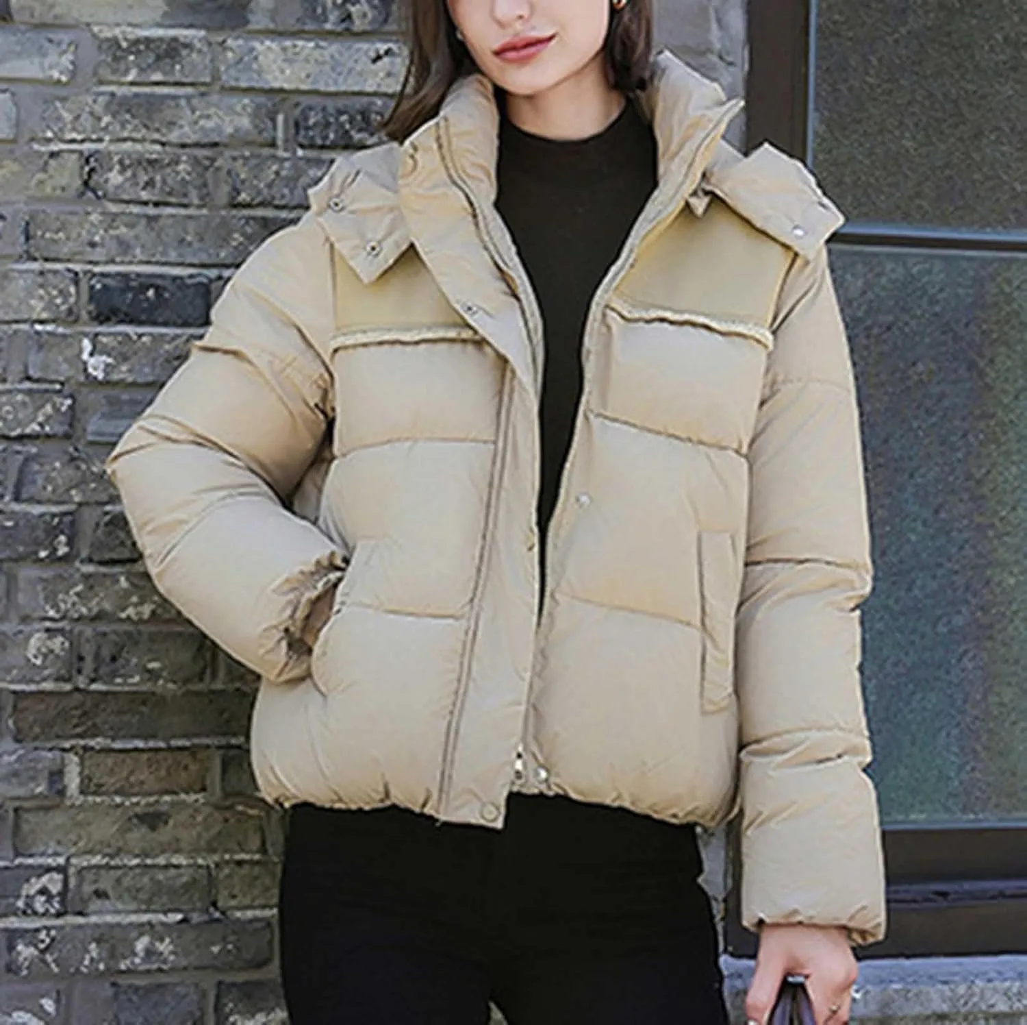 Women Padded down Jacket Cropped Quilted Puffer Jacket Winter Ladies Short Padded Coat Stand Collar Zip Hoodie Jacket