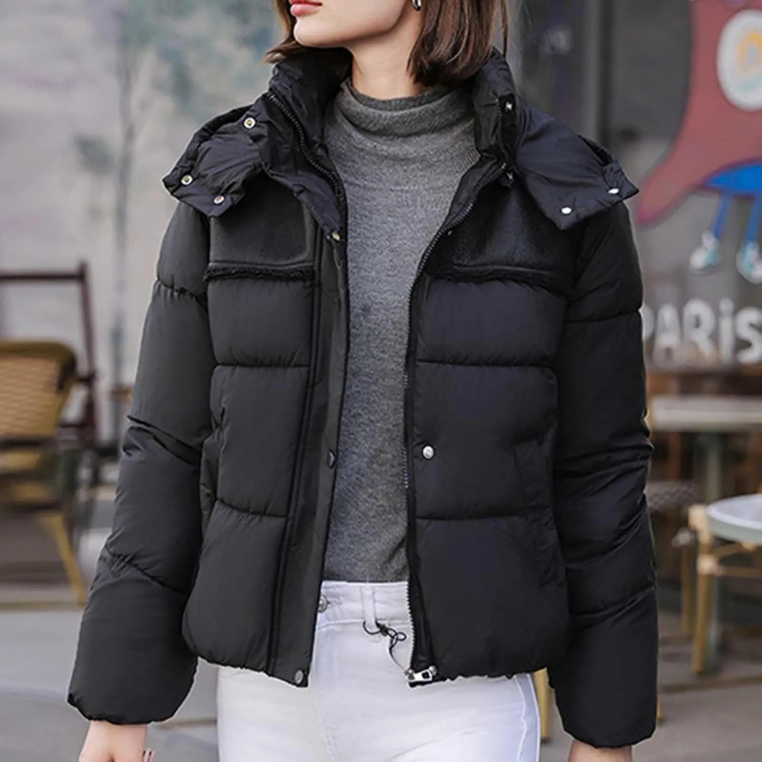 Women Padded down Jacket Cropped Quilted Puffer Jacket Winter Ladies Short Padded Coat Stand Collar Zip Hoodie Jacket