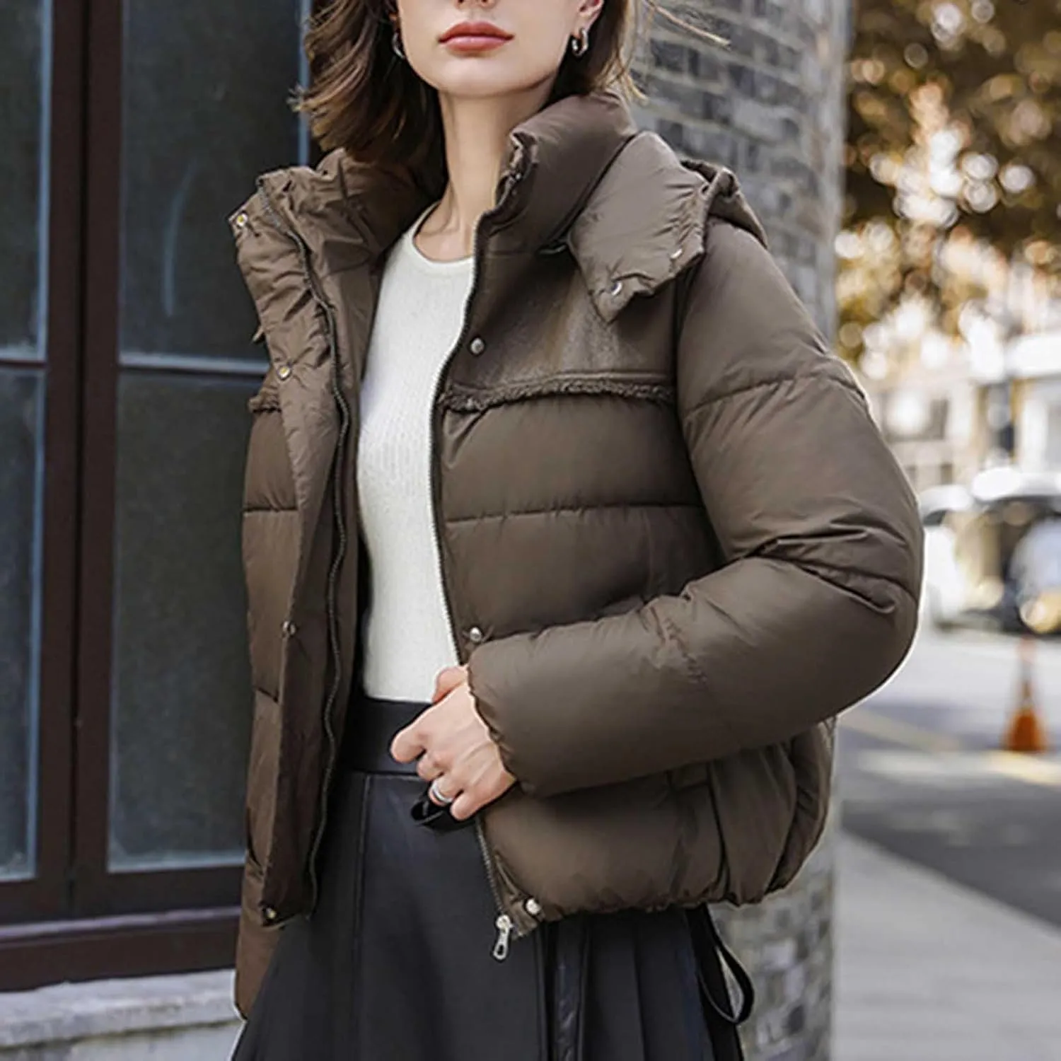 Women Padded down Jacket Cropped Quilted Puffer Jacket Winter Ladies Short Padded Coat Stand Collar Zip Hoodie Jacket