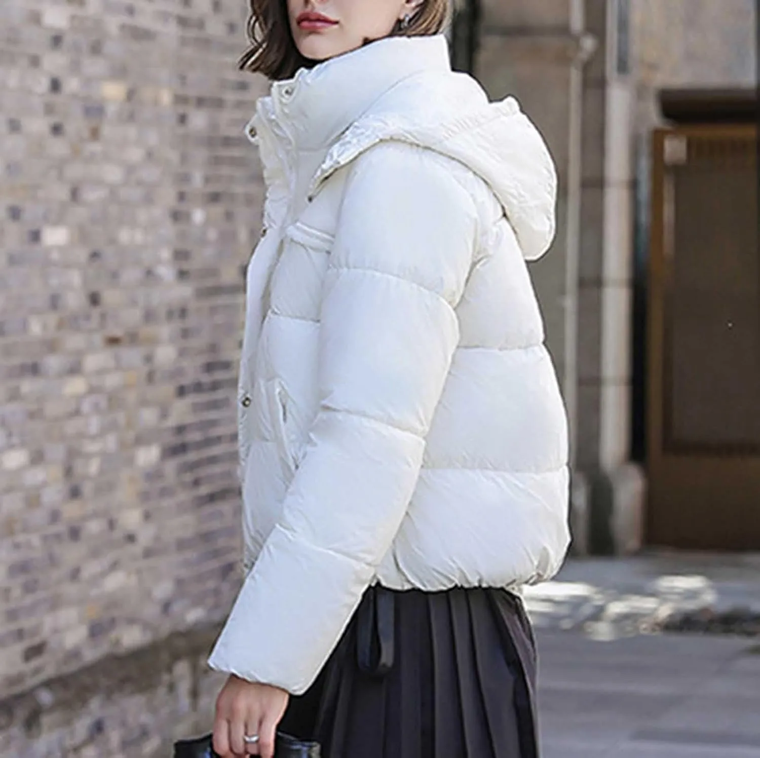 Women Padded down Jacket Cropped Quilted Puffer Jacket Winter Ladies Short Padded Coat Stand Collar Zip Hoodie Jacket