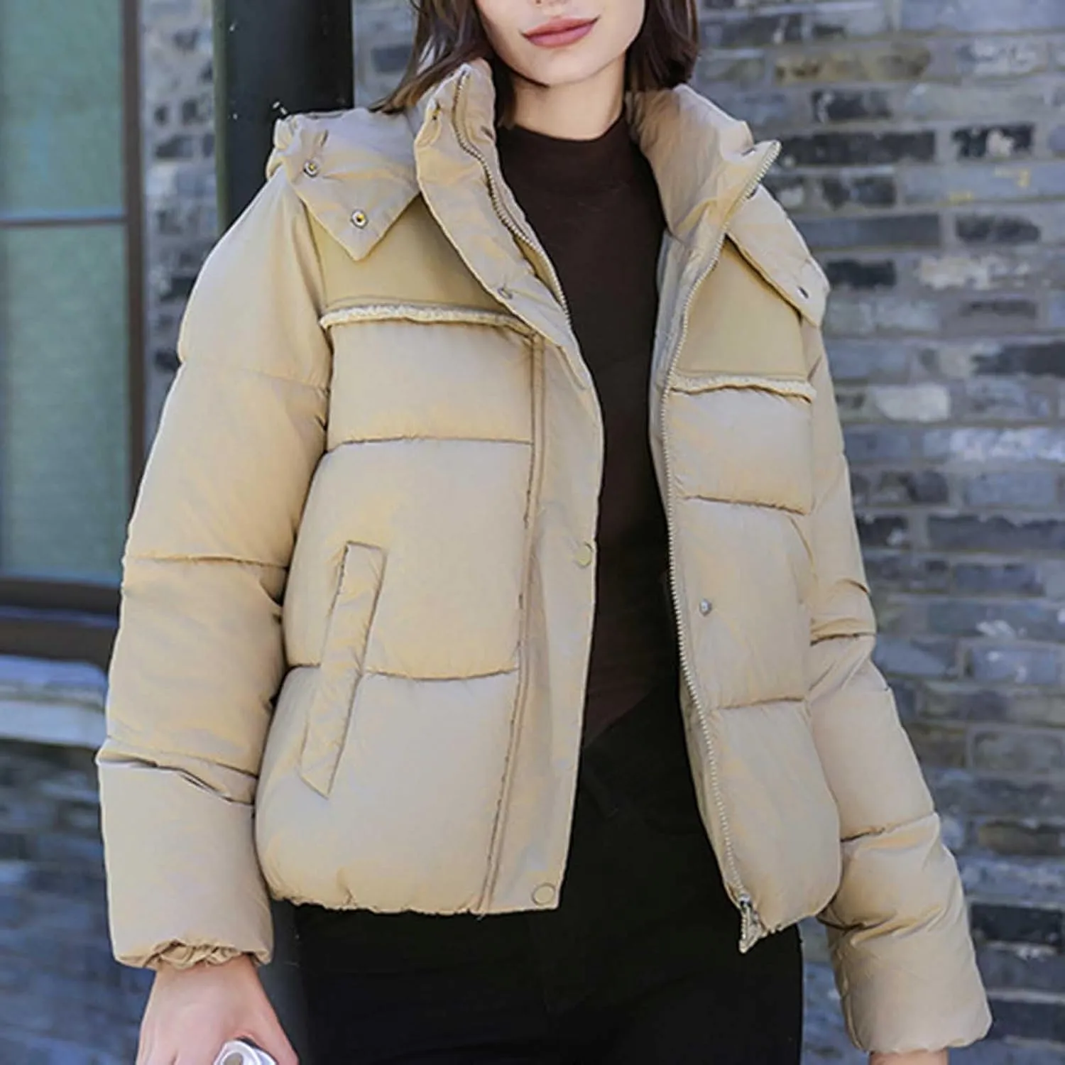 Women Padded down Jacket Cropped Quilted Puffer Jacket Winter Ladies Short Padded Coat Stand Collar Zip Hoodie Jacket