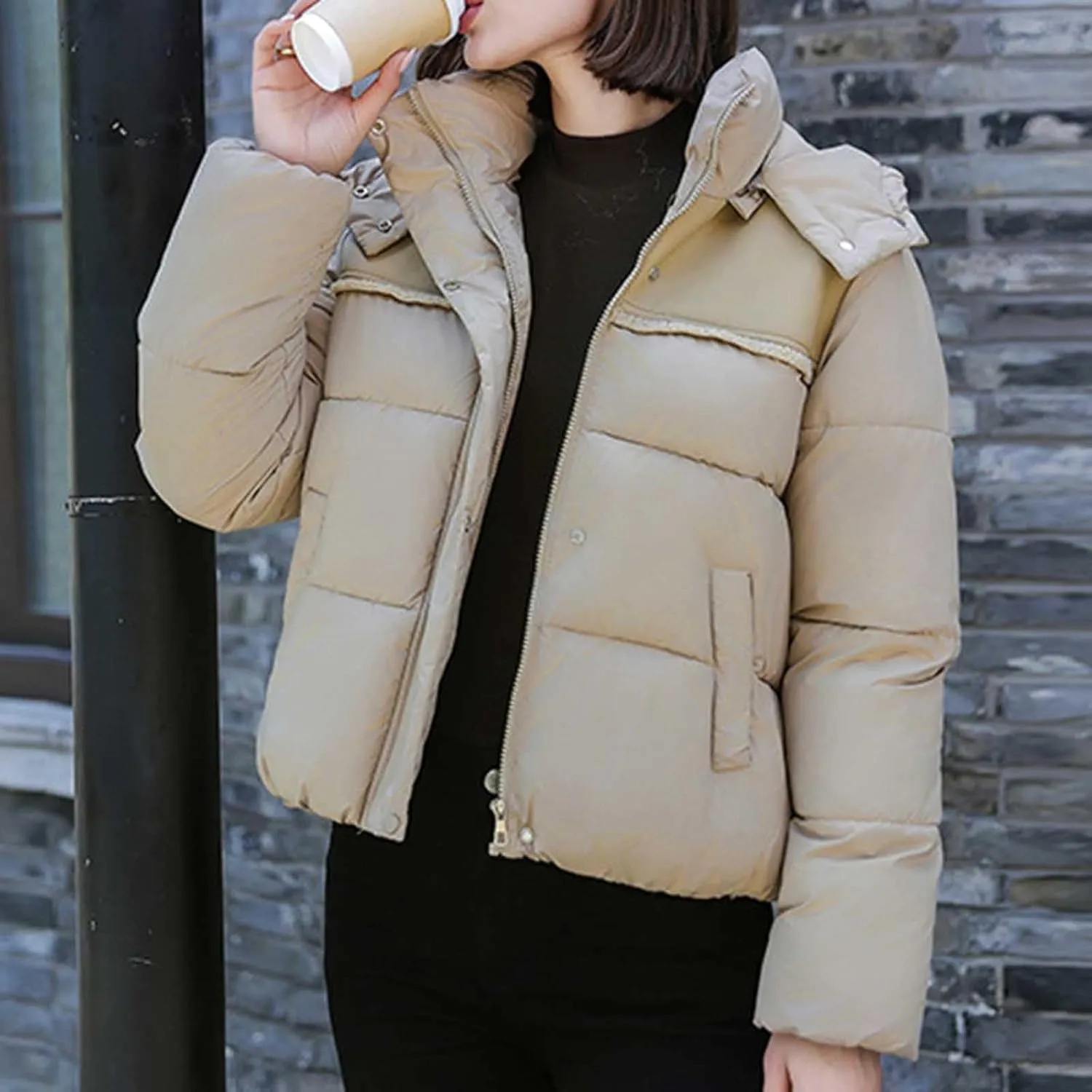 Women Padded down Jacket Cropped Quilted Puffer Jacket Winter Ladies Short Padded Coat Stand Collar Zip Hoodie Jacket