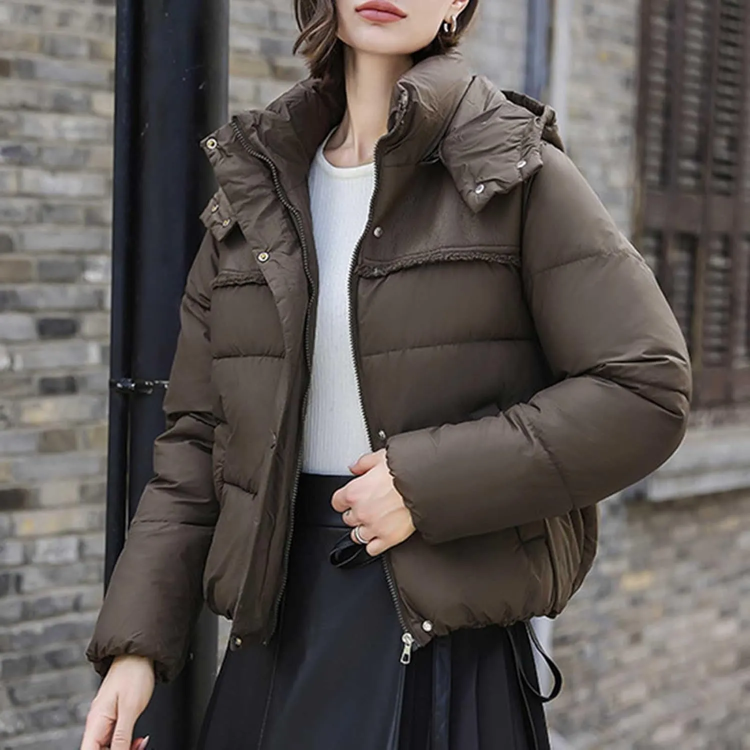 Women Padded down Jacket Cropped Quilted Puffer Jacket Winter Ladies Short Padded Coat Stand Collar Zip Hoodie Jacket