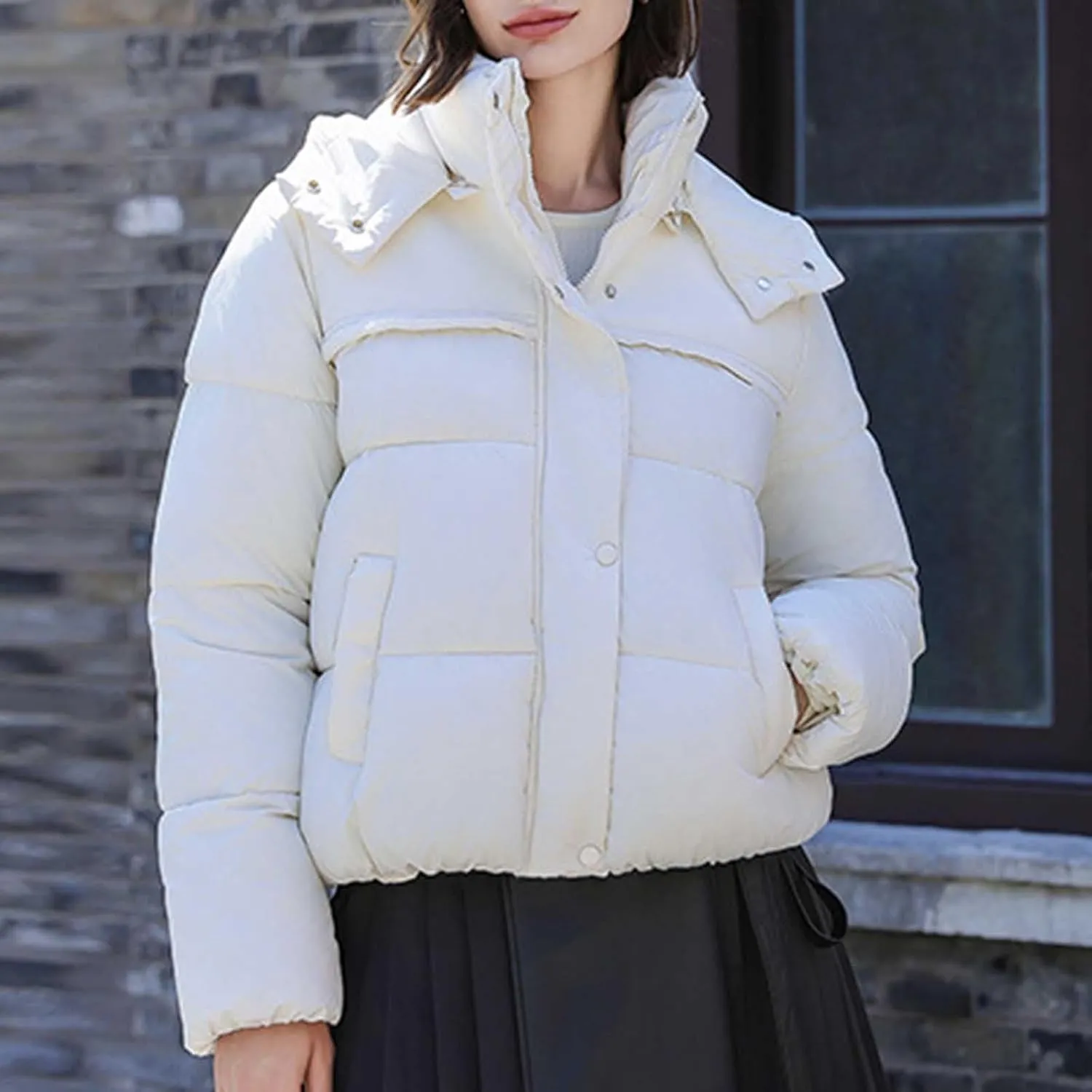 Women Padded down Jacket Cropped Quilted Puffer Jacket Winter Ladies Short Padded Coat Stand Collar Zip Hoodie Jacket
