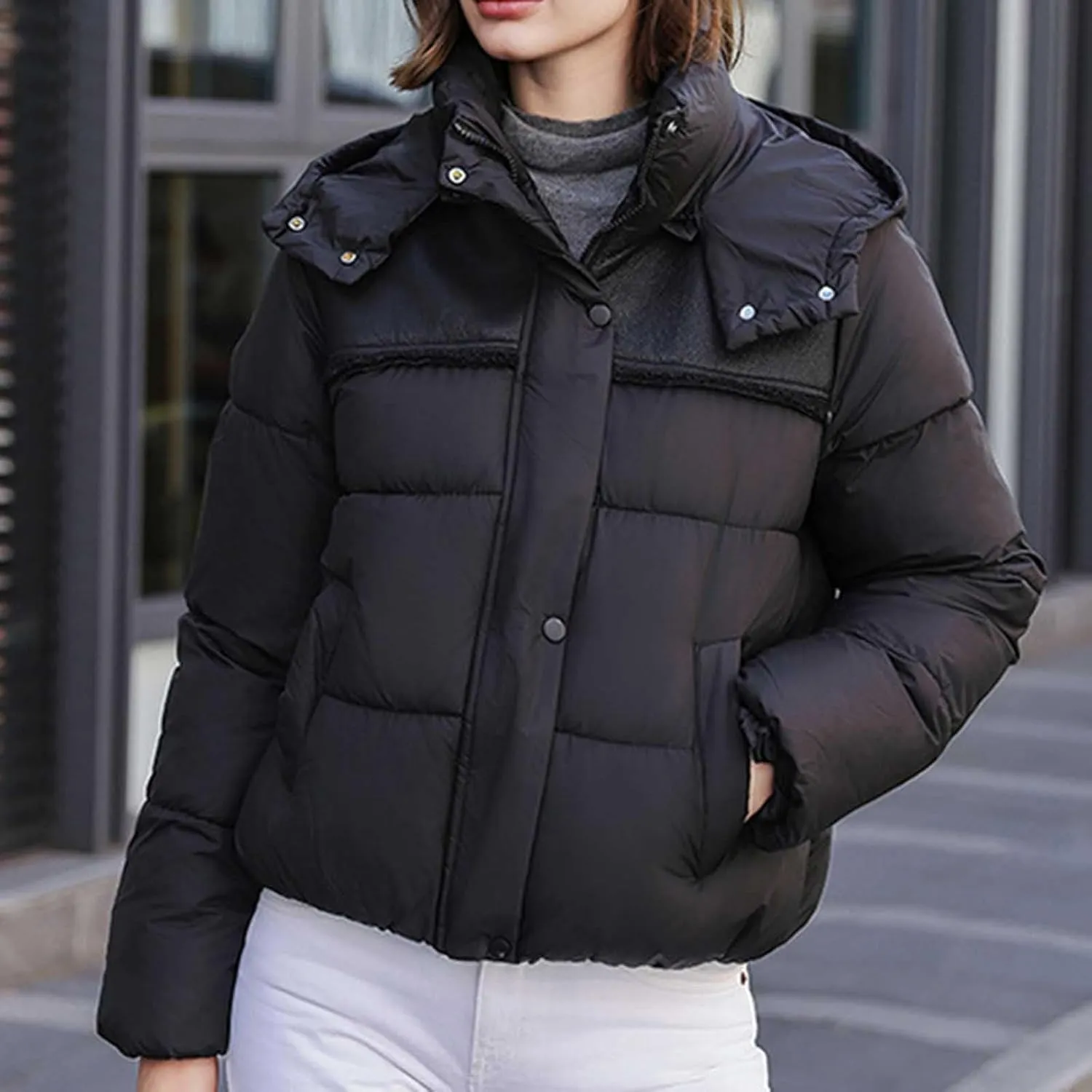 Women Padded down Jacket Cropped Quilted Puffer Jacket Winter Ladies Short Padded Coat Stand Collar Zip Hoodie Jacket