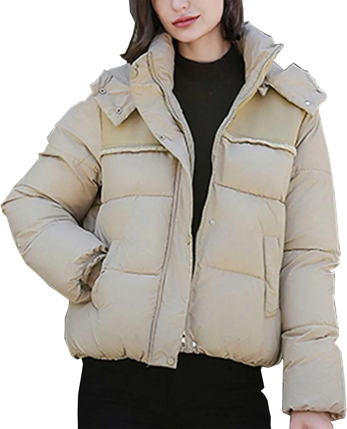 Women Padded down Jacket Cropped Quilted Puffer Jacket Winter Ladies Short Padded Coat Stand Collar Zip Hoodie Jacket