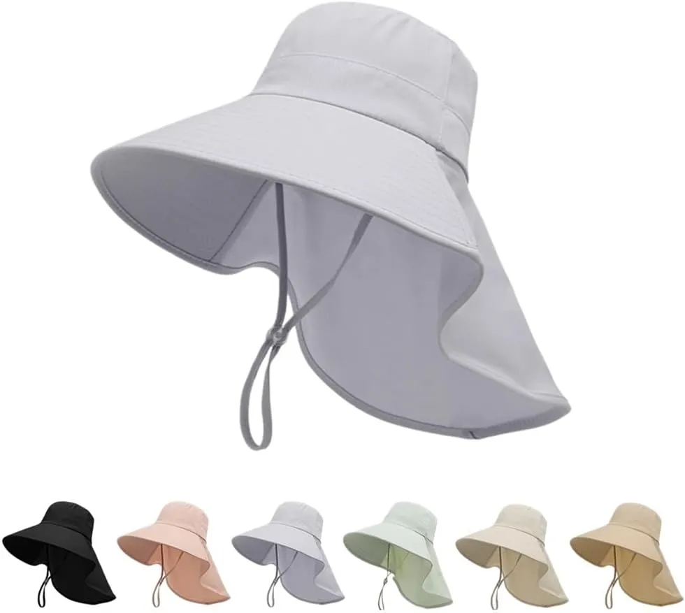 Women Wide Brim Sun Hat with UV Protection Outdoor Rollable Hats with Ponytail Hole Beach Hats with Strap Neck Flap (Grey), 7 1/4