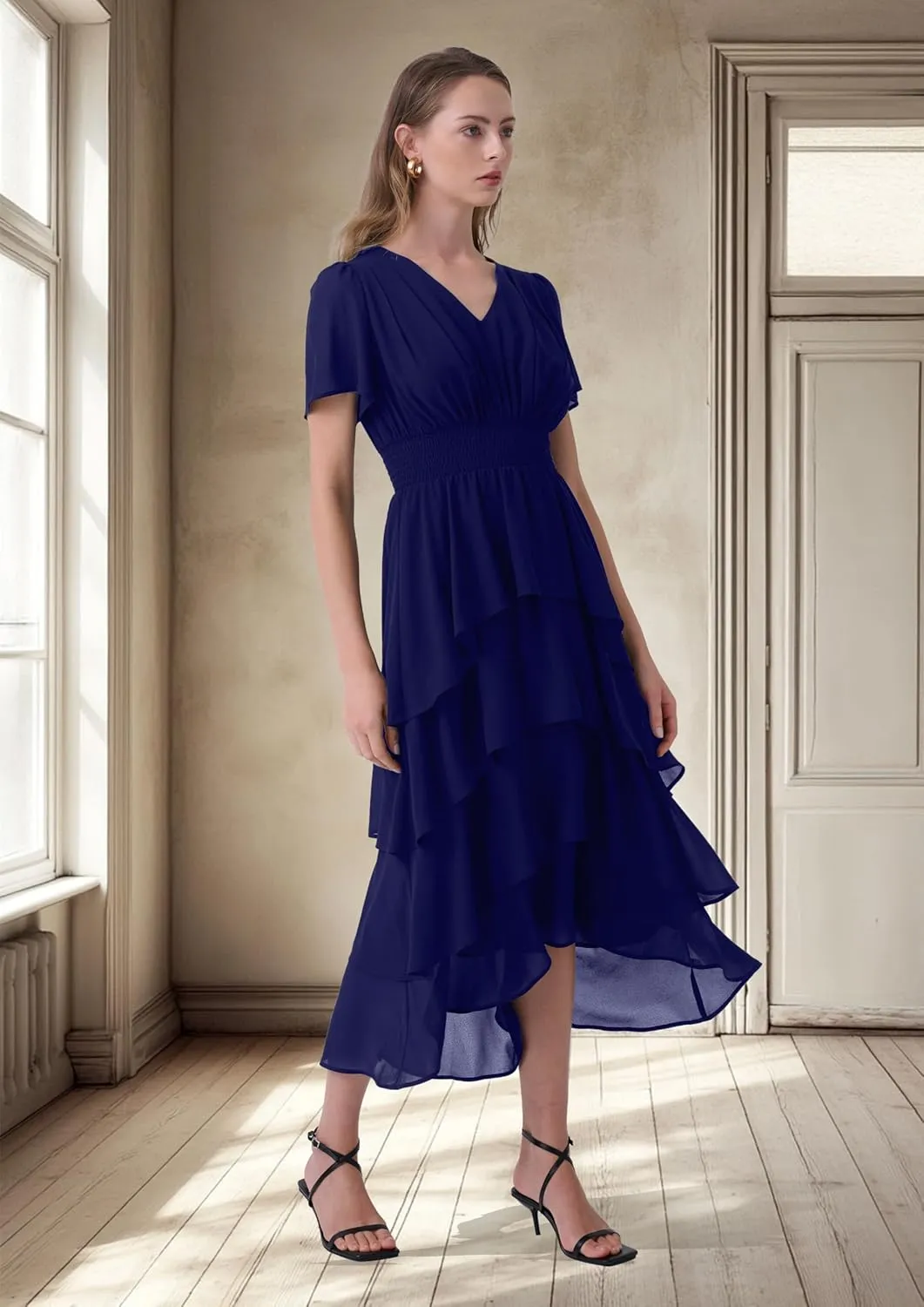 Women's Chiffon Tiered Midi Dress Short Sleeve Layered Flowy Long Dress Smocked Waist Wedding Guest Dresses