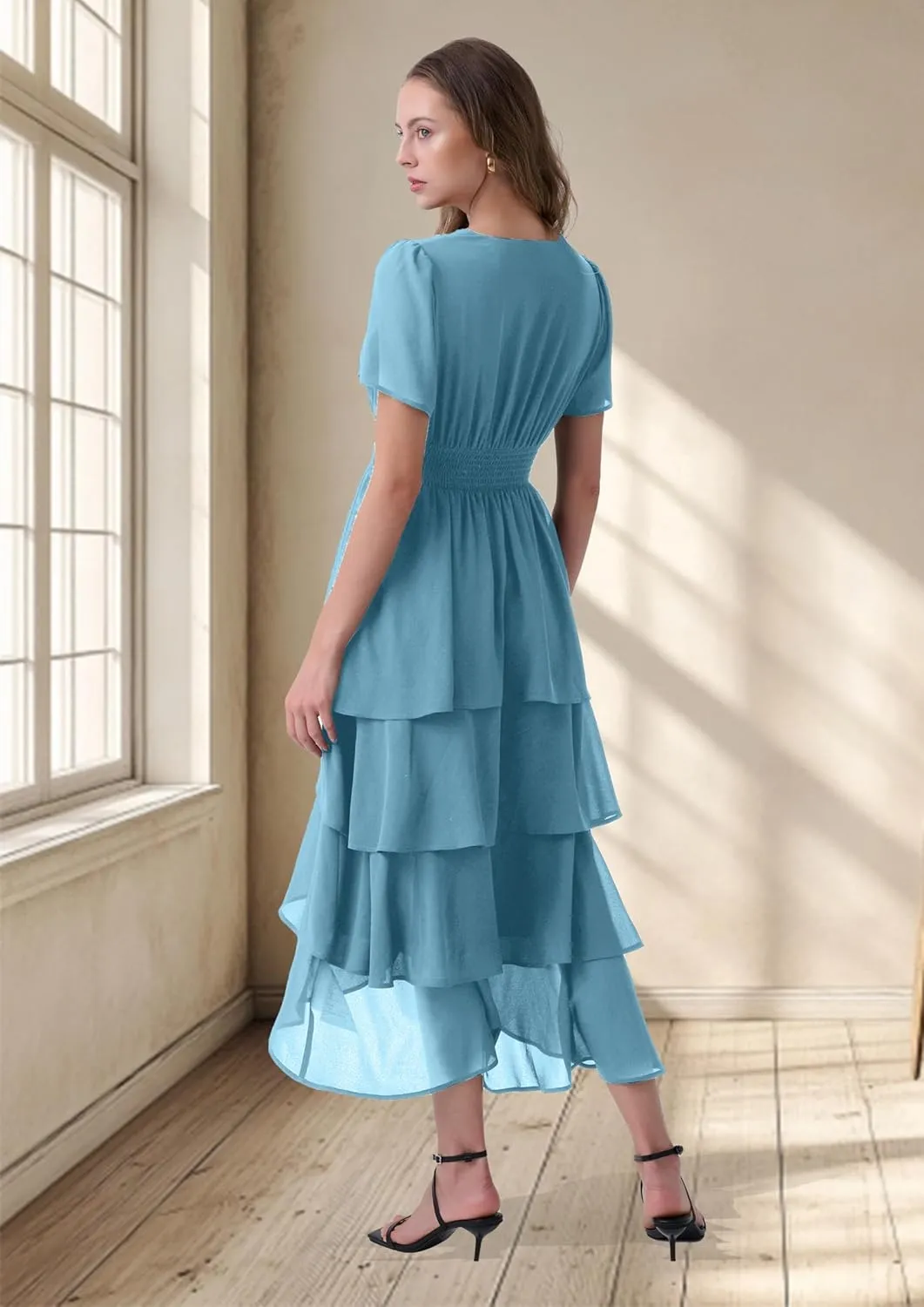 Women's Chiffon Tiered Midi Dress Short Sleeve Layered Flowy Long Dress Smocked Waist Wedding Guest Dresses