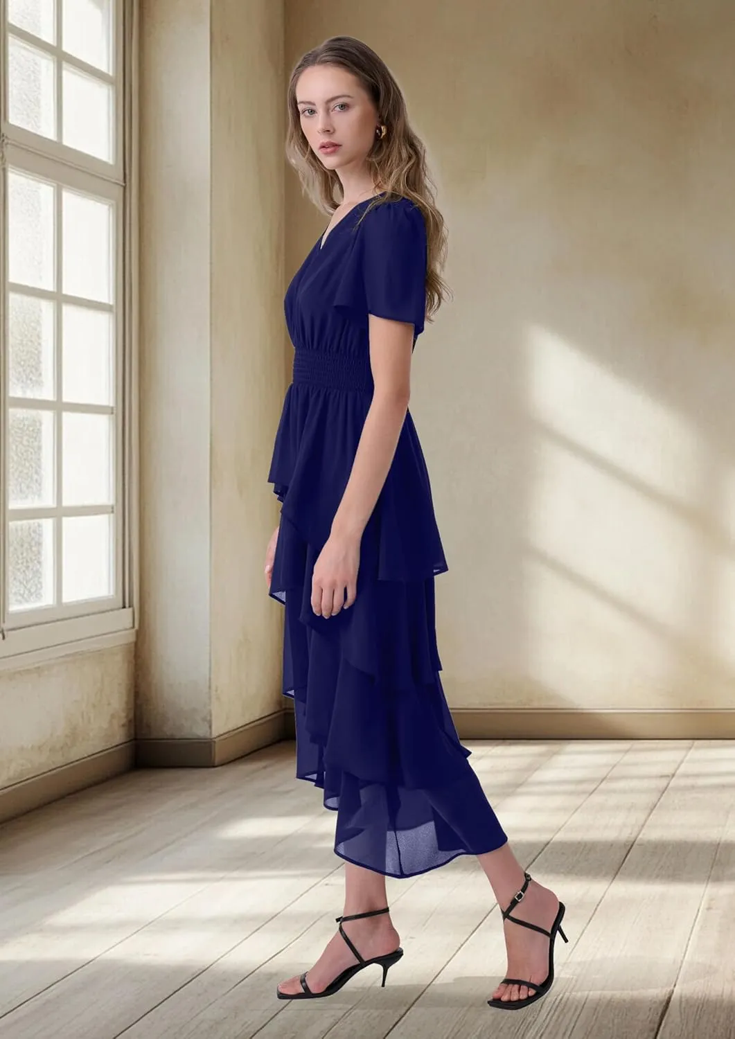 Women's Chiffon Tiered Midi Dress Short Sleeve Layered Flowy Long Dress Smocked Waist Wedding Guest Dresses