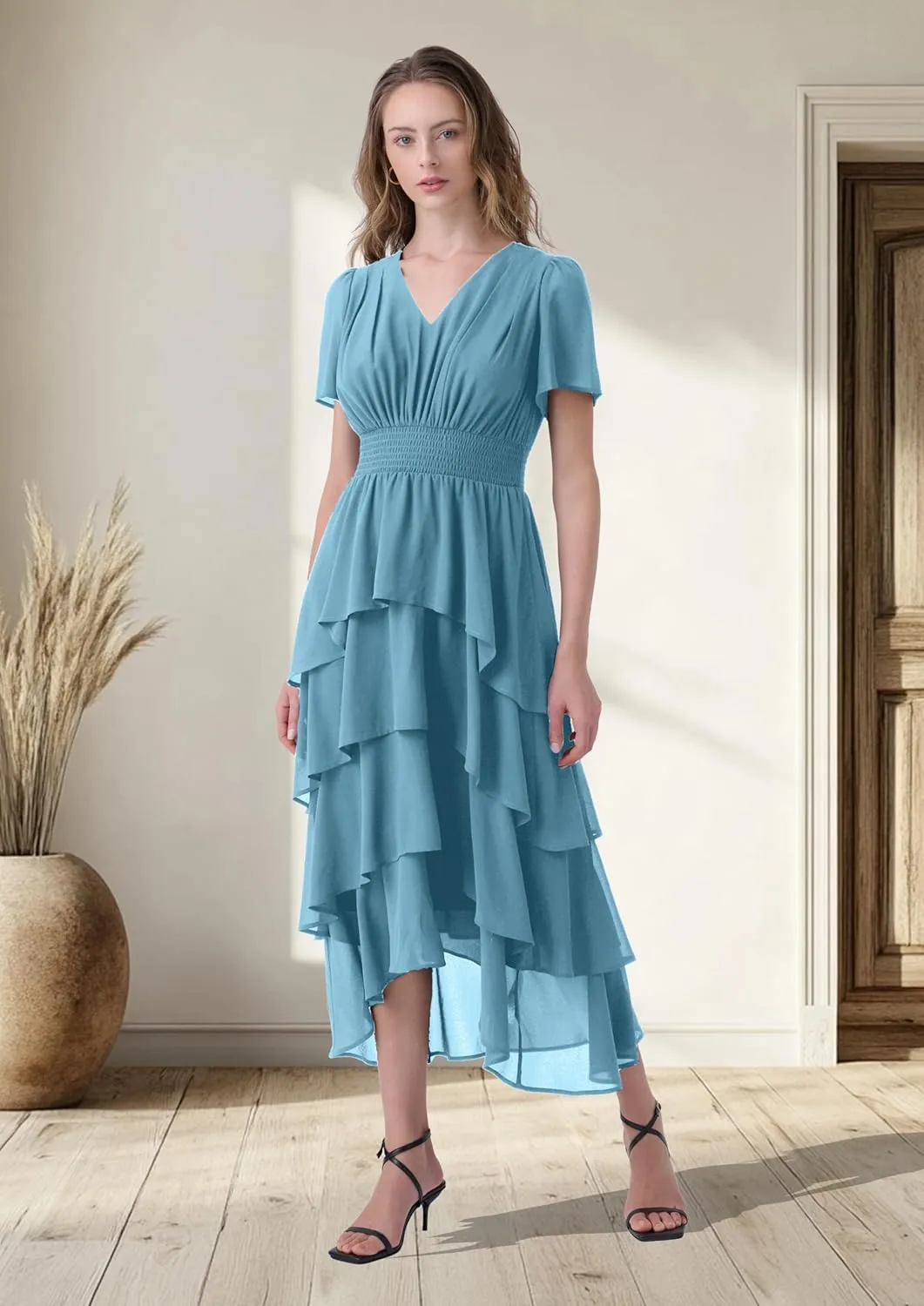 Women's Chiffon Tiered Midi Dress Short Sleeve Layered Flowy Long Dress Smocked Waist Wedding Guest Dresses