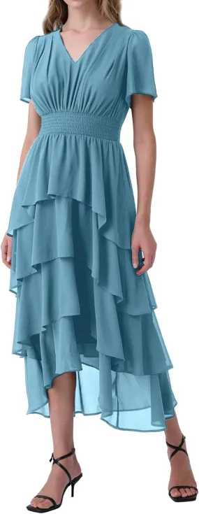 Women's Chiffon Tiered Midi Dress Short Sleeve Layered Flowy Long Dress Smocked Waist Wedding Guest Dresses