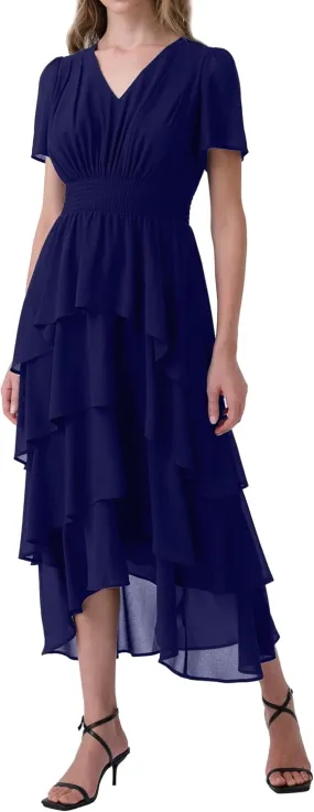 Women's Chiffon Tiered Midi Dress Short Sleeve Layered Flowy Long Dress Smocked Waist Wedding Guest Dresses