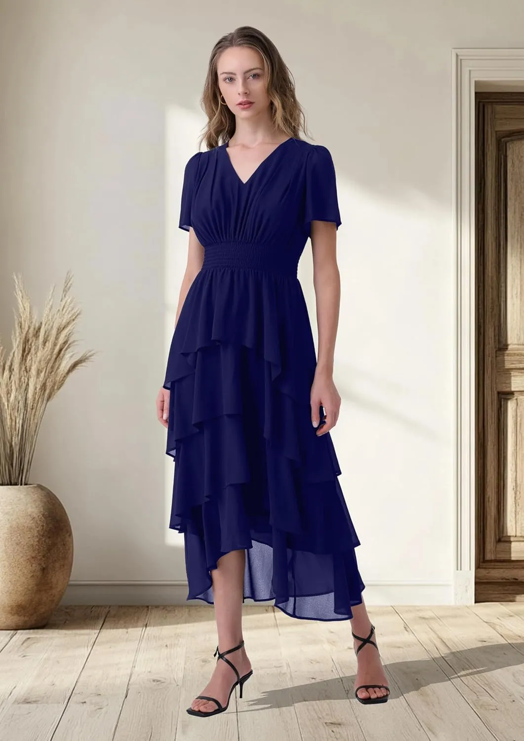 Women's Chiffon Tiered Midi Dress Short Sleeve Layered Flowy Long Dress Smocked Waist Wedding Guest Dresses