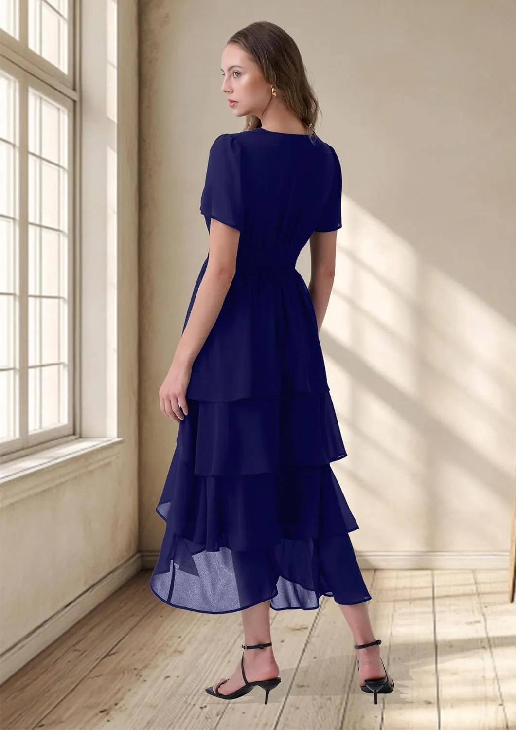 Women's Chiffon Tiered Midi Dress Short Sleeve Layered Flowy Long Dress Smocked Waist Wedding Guest Dresses