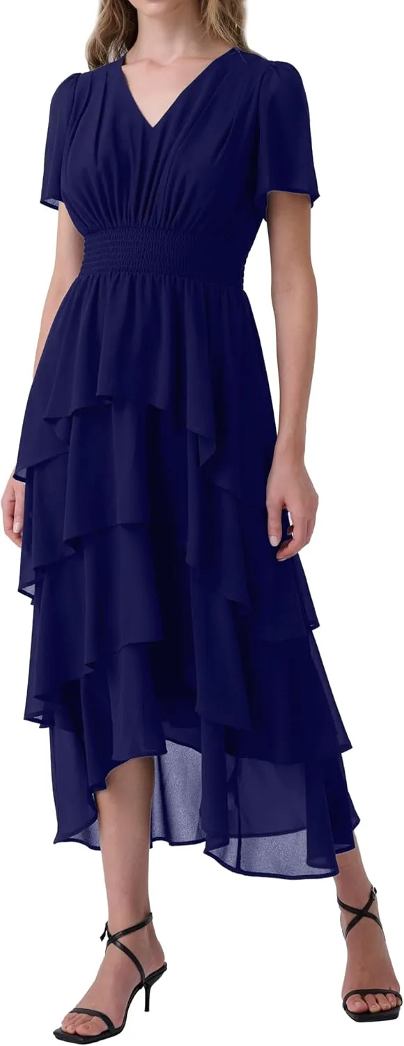 Women's Chiffon Tiered Midi Dress Short Sleeve Layered Flowy Long Dress Smocked Waist Wedding Guest Dresses