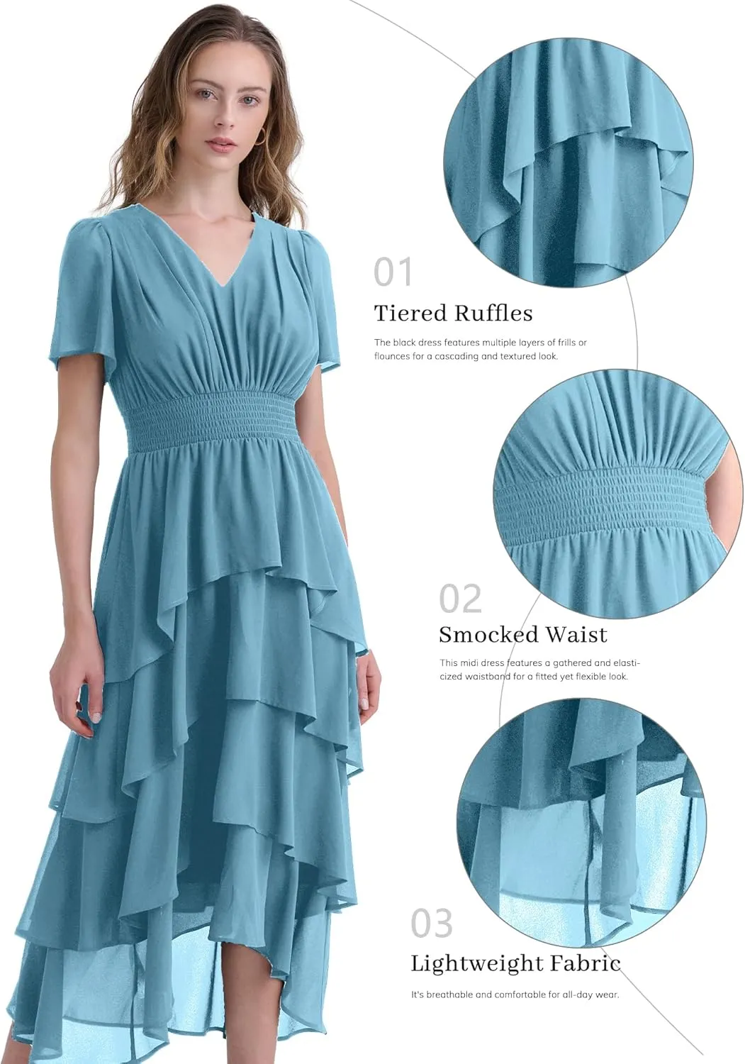 Women's Chiffon Tiered Midi Dress Short Sleeve Layered Flowy Long Dress Smocked Waist Wedding Guest Dresses