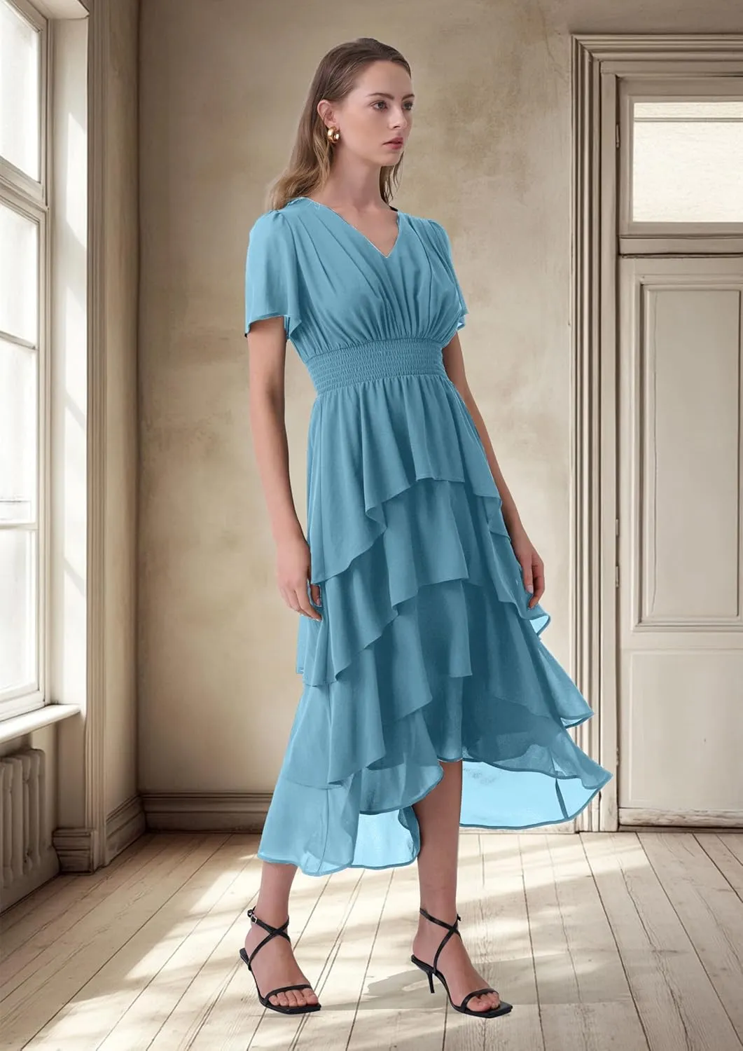 Women's Chiffon Tiered Midi Dress Short Sleeve Layered Flowy Long Dress Smocked Waist Wedding Guest Dresses