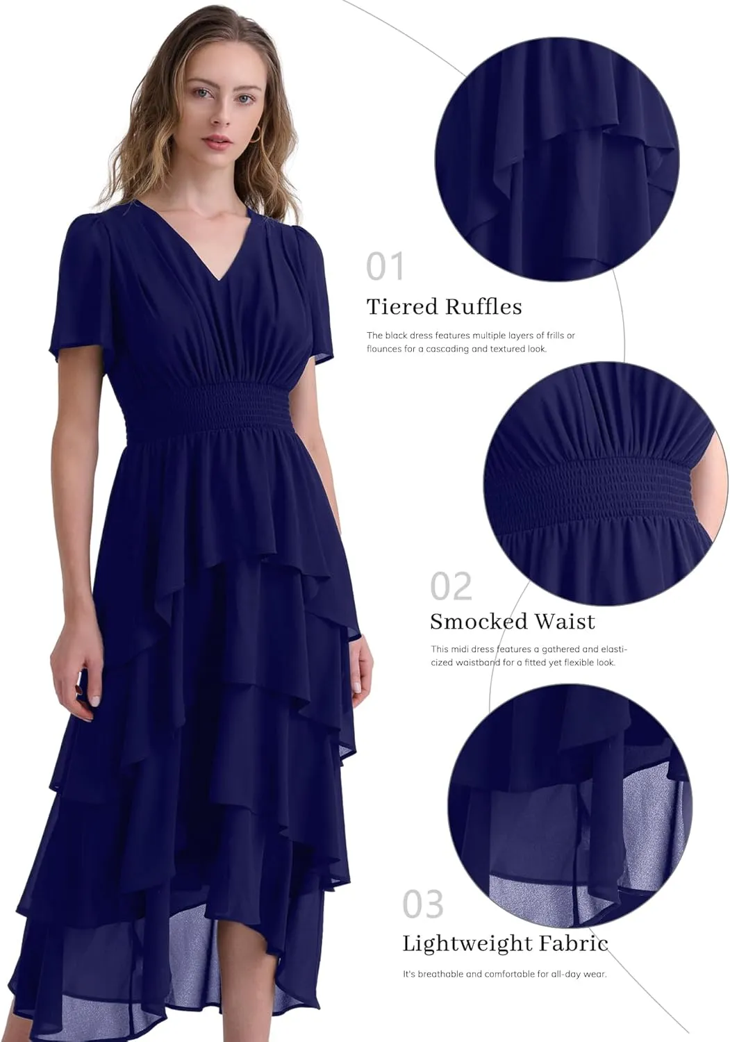 Women's Chiffon Tiered Midi Dress Short Sleeve Layered Flowy Long Dress Smocked Waist Wedding Guest Dresses