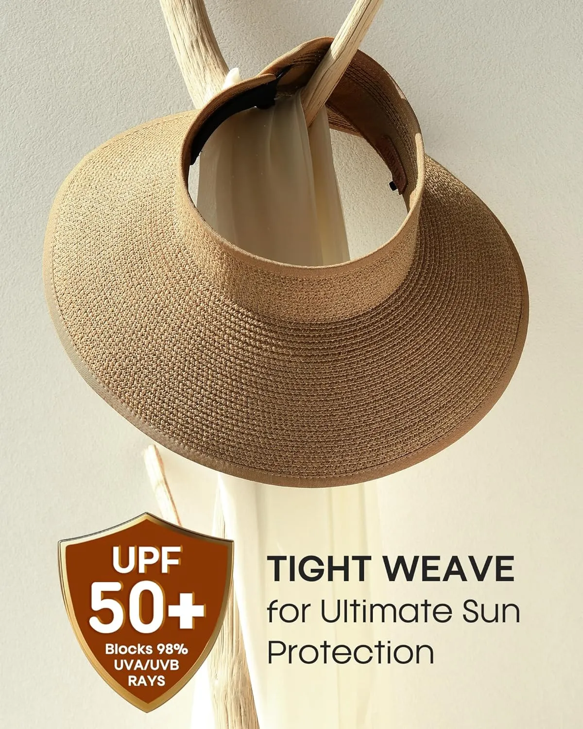 Womens Sun Visor Hats Wide Brim Straw Beach Hat UV Protection Ponytail Packable Beach Vacation Essentials