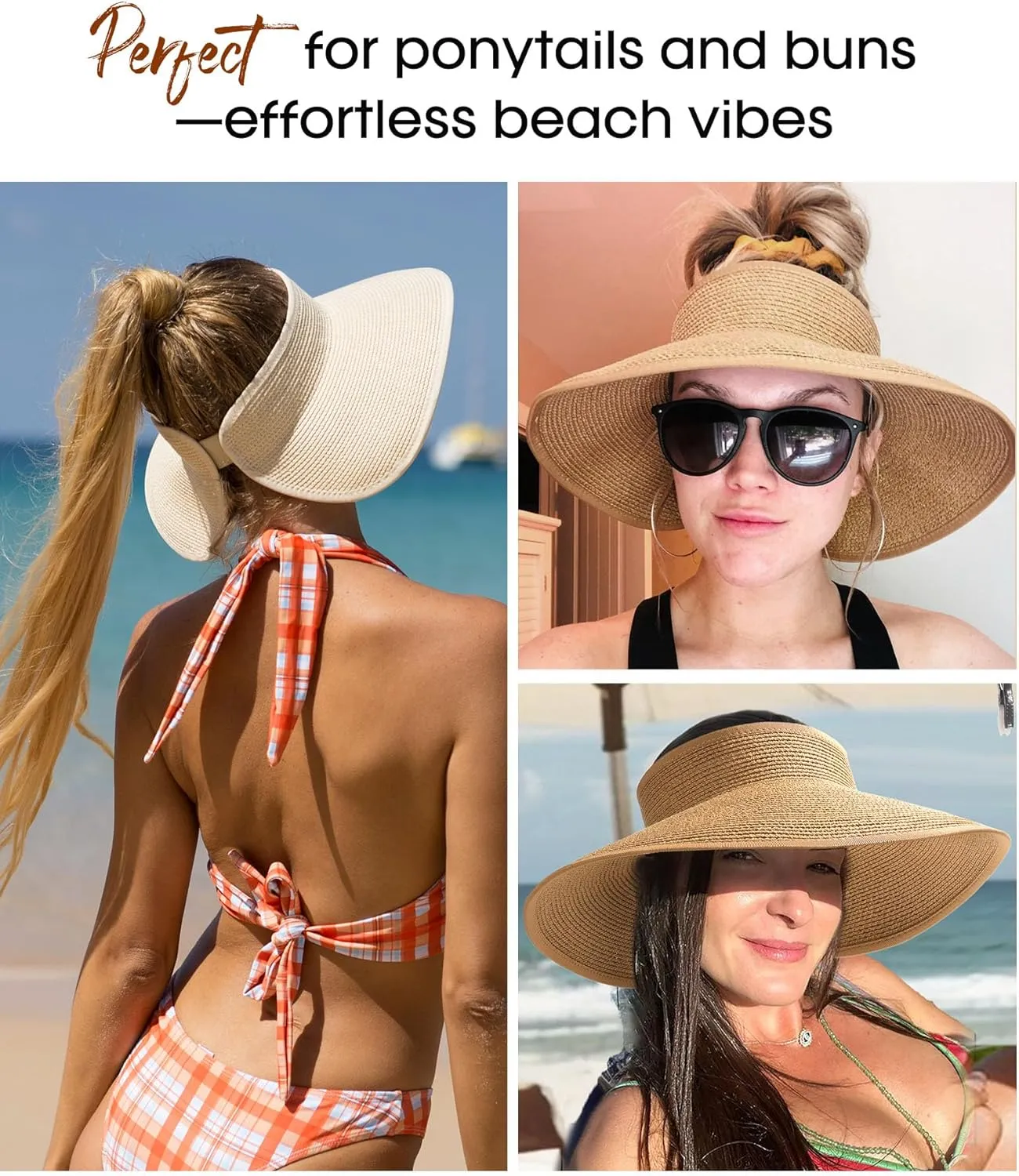 Womens Sun Visor Hats Wide Brim Straw Beach Hat UV Protection Ponytail Packable Beach Vacation Essentials