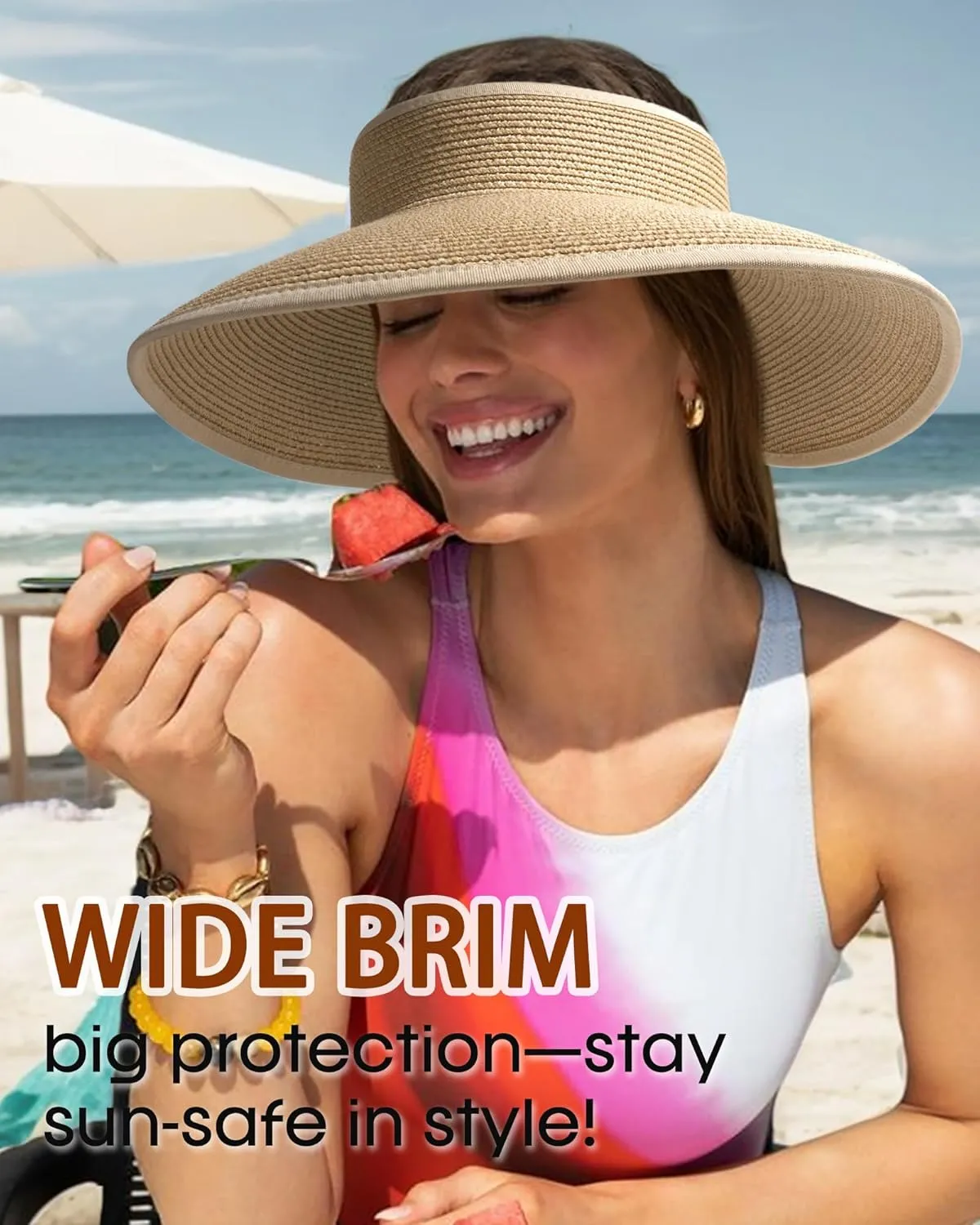 Womens Sun Visor Hats Wide Brim Straw Beach Hat UV Protection Ponytail Packable Beach Vacation Essentials