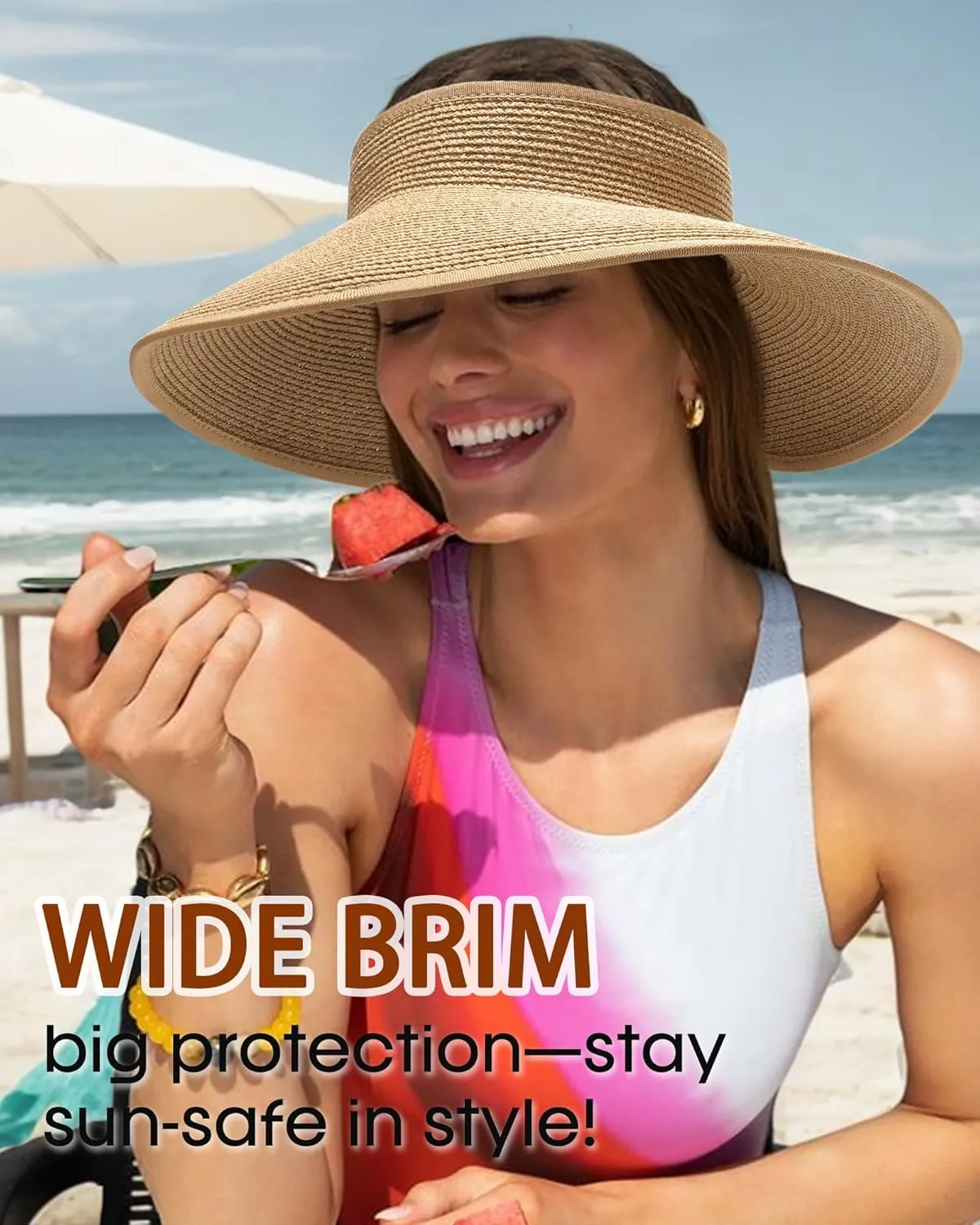 Womens Sun Visor Hats Wide Brim Straw Beach Hat UV Protection Ponytail Packable Beach Vacation Essentials