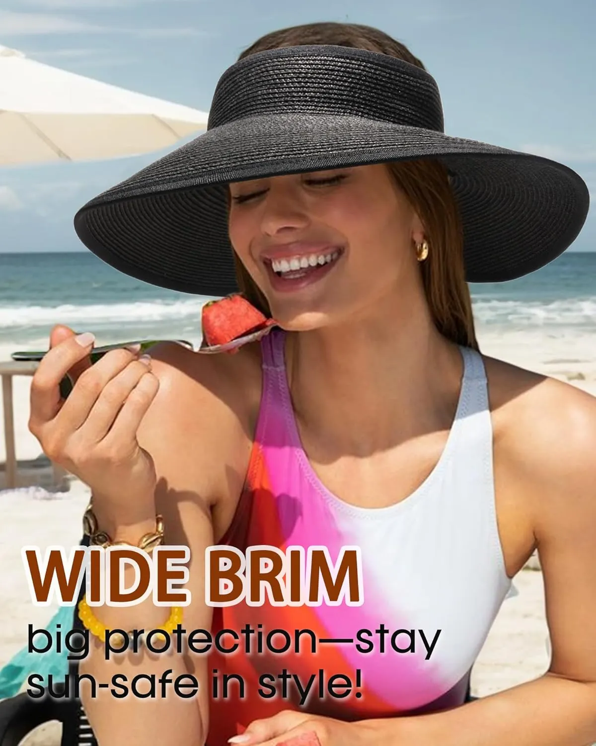 Womens Sun Visor Hats Wide Brim Straw Beach Hat UV Protection Ponytail Packable Beach Vacation Essentials