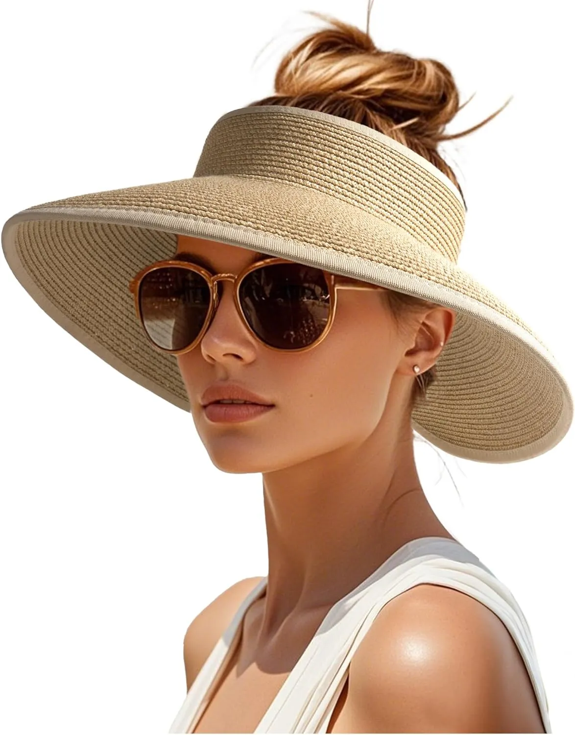 Womens Sun Visor Hats Wide Brim Straw Beach Hat UV Protection Ponytail Packable Beach Vacation Essentials