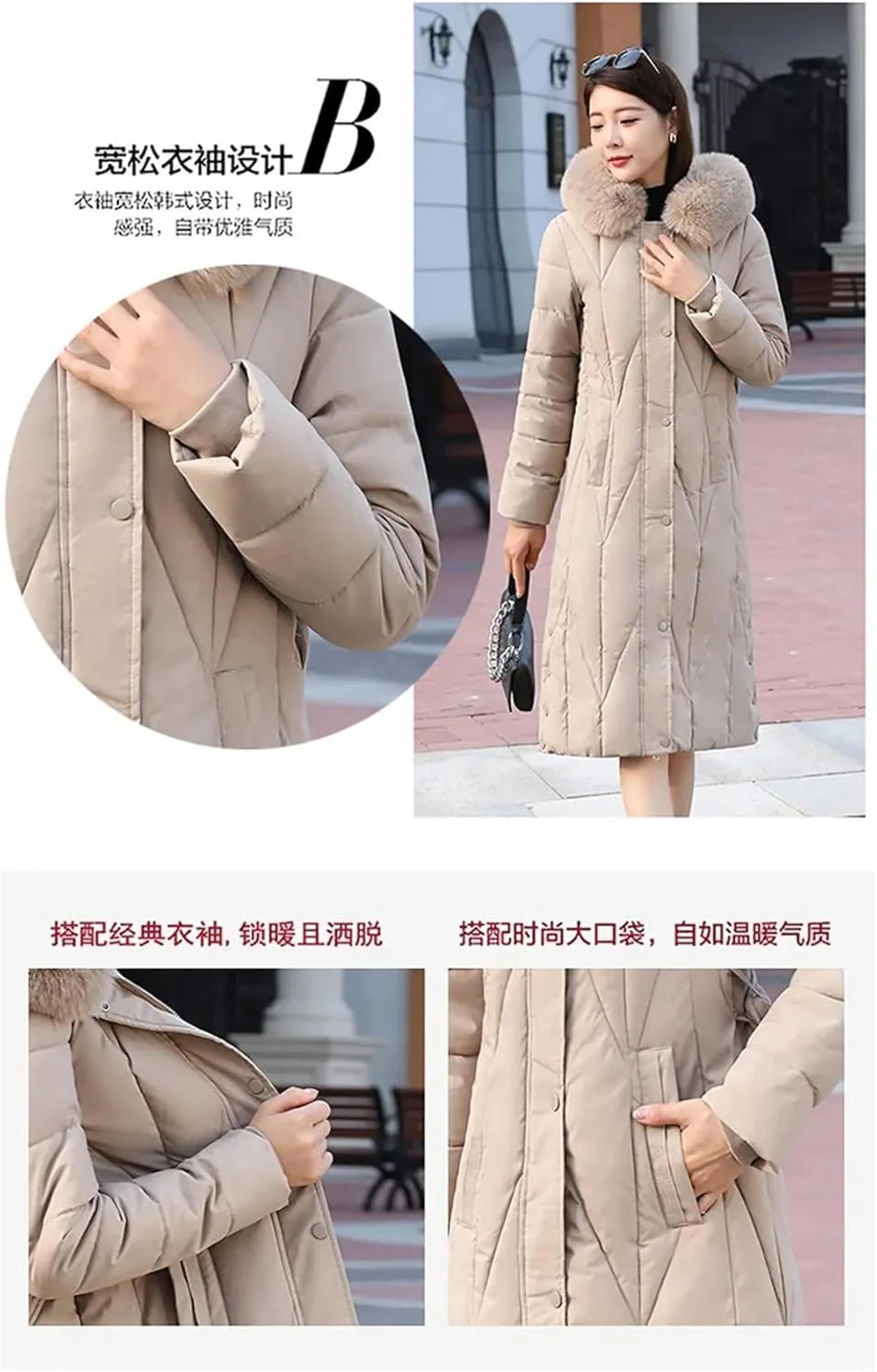 Womens Winter Hooded Down Cotton Coat Jacket Long Warm Padded Puffer Parkas With Belt Thick Warm Cotton-Padded Overcoat