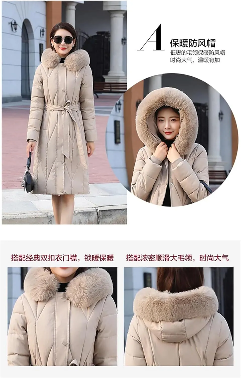 Womens Winter Hooded Down Cotton Coat Jacket Long Warm Padded Puffer Parkas With Belt Thick Warm Cotton-Padded Overcoat