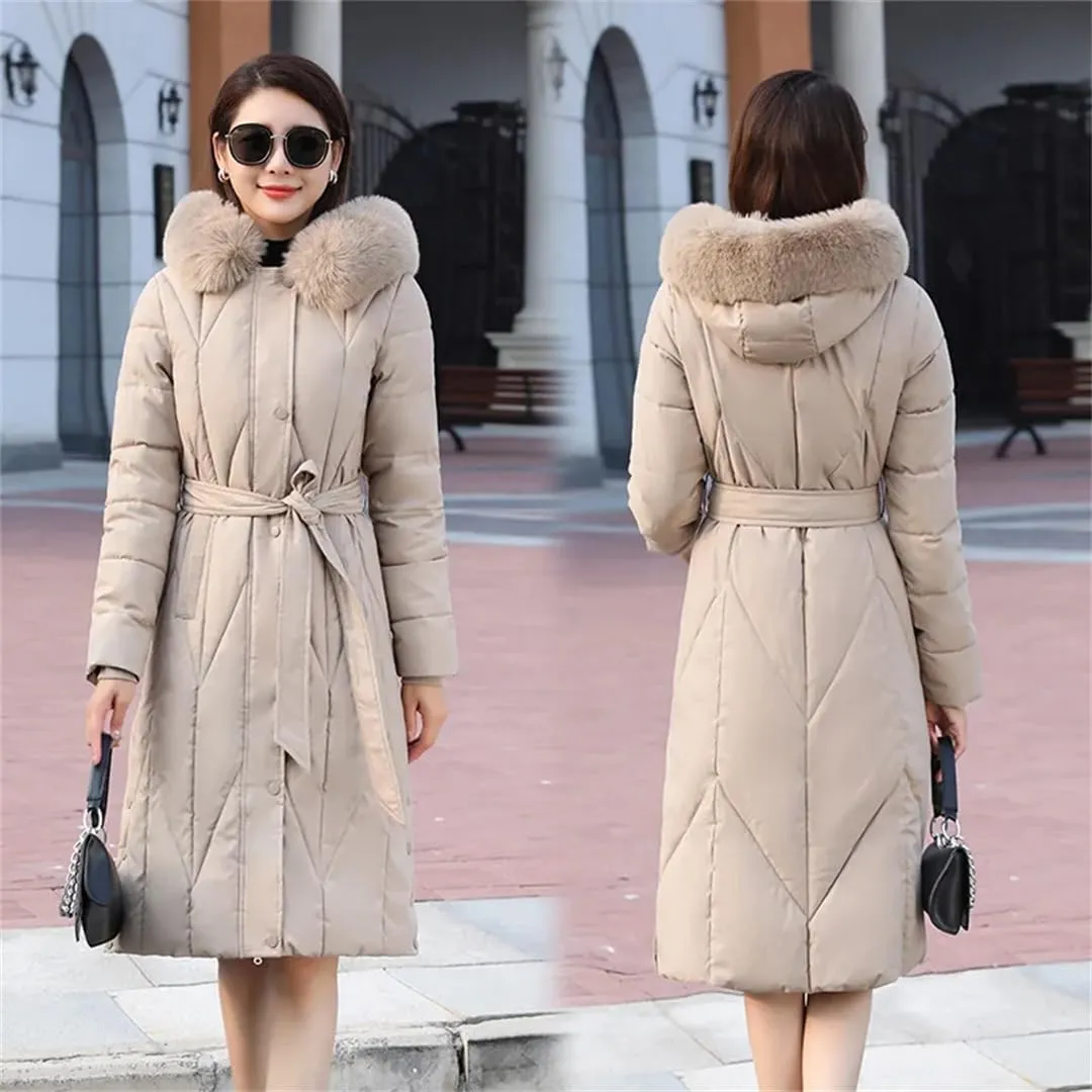 Womens Winter Hooded Down Cotton Coat Jacket Long Warm Padded Puffer Parkas With Belt Thick Warm Cotton-Padded Overcoat