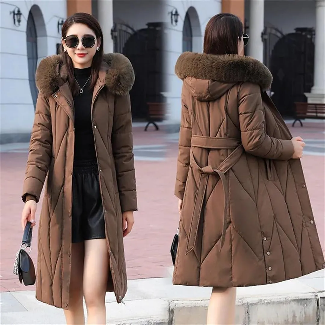 Womens Winter Hooded Down Cotton Coat Jacket Long Warm Padded Puffer Parkas With Belt Thick Warm Cotton-Padded Overcoat