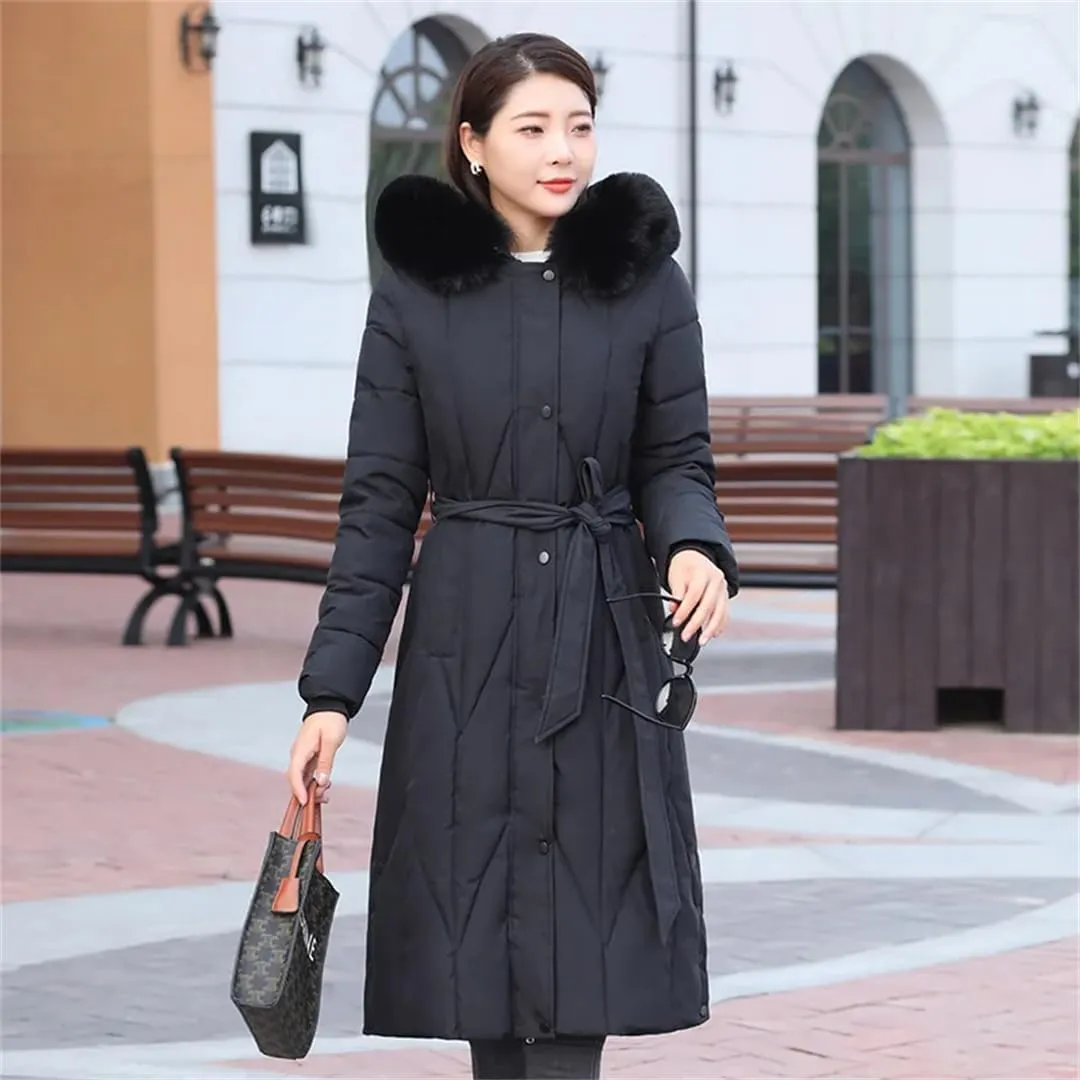 Womens Winter Hooded Down Cotton Coat Jacket Long Warm Padded Puffer Parkas With Belt Thick Warm Cotton-Padded Overcoat