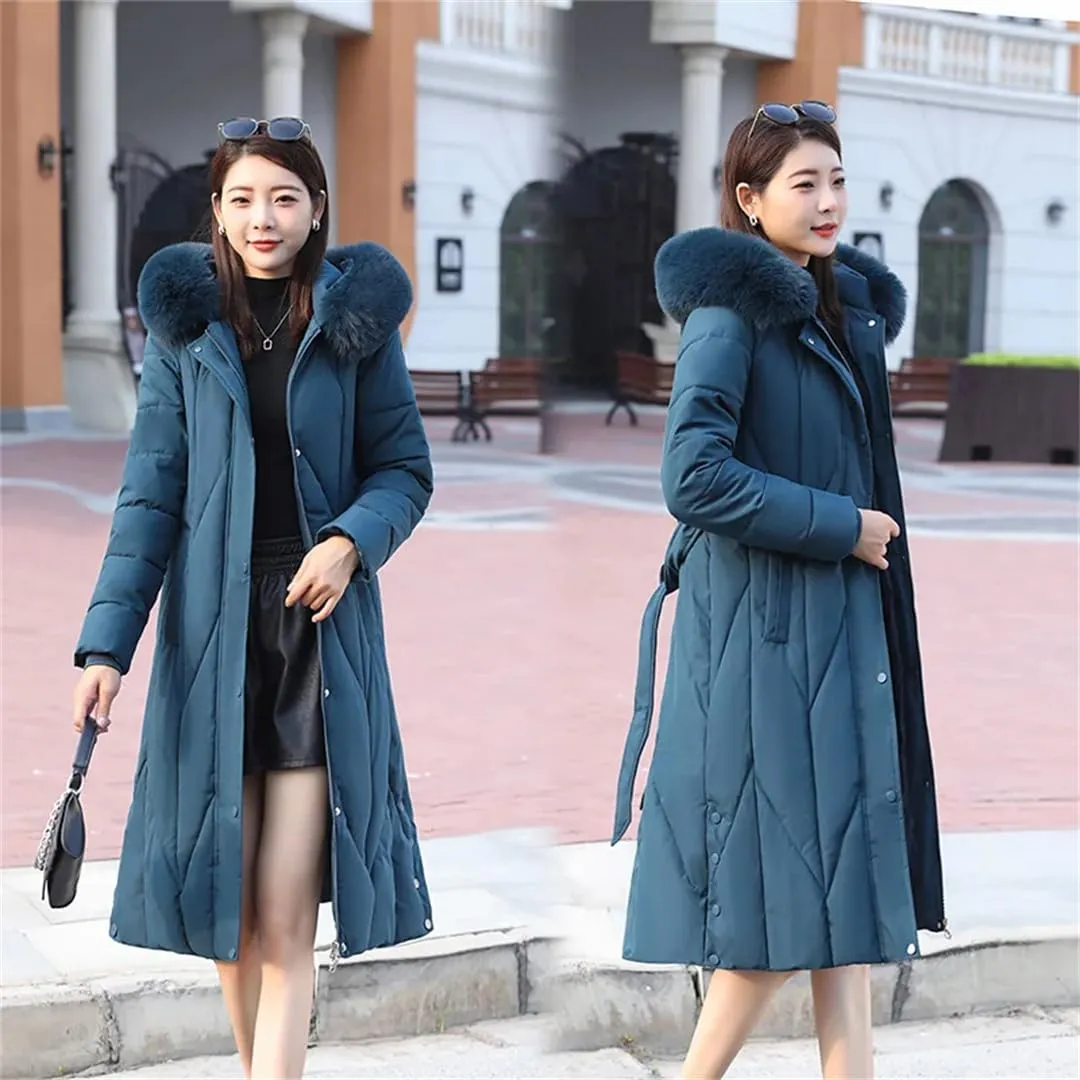 Womens Winter Hooded Down Cotton Coat Jacket Long Warm Padded Puffer Parkas With Belt Thick Warm Cotton-Padded Overcoat