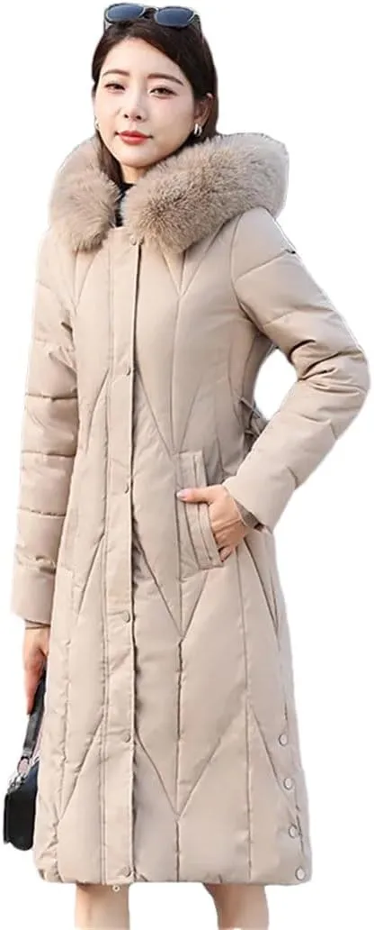Womens Winter Hooded Down Cotton Coat Jacket Long Warm Padded Puffer Parkas With Belt Thick Warm Cotton-Padded Overcoat
