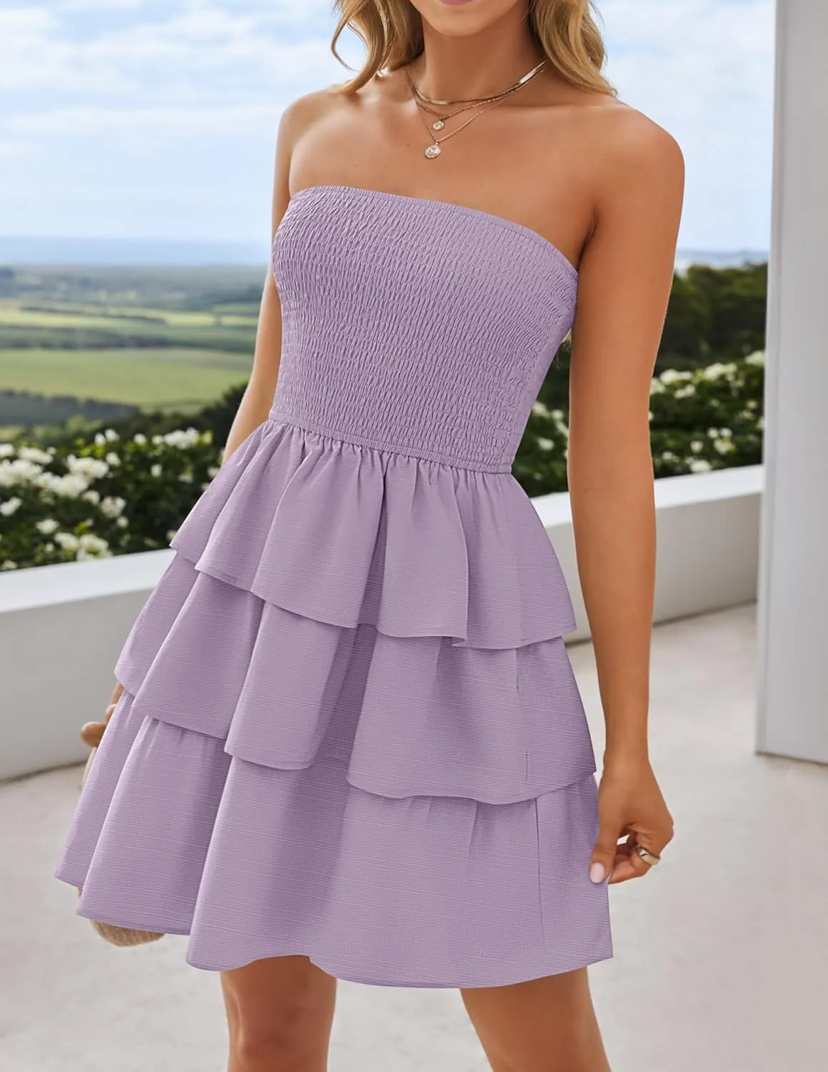 ZESICA Women's Summer Strapless Smocked Tube Dress 2025 Off Shoulder Ruffle Tiered Flowy Beach Boho Mini Sundress